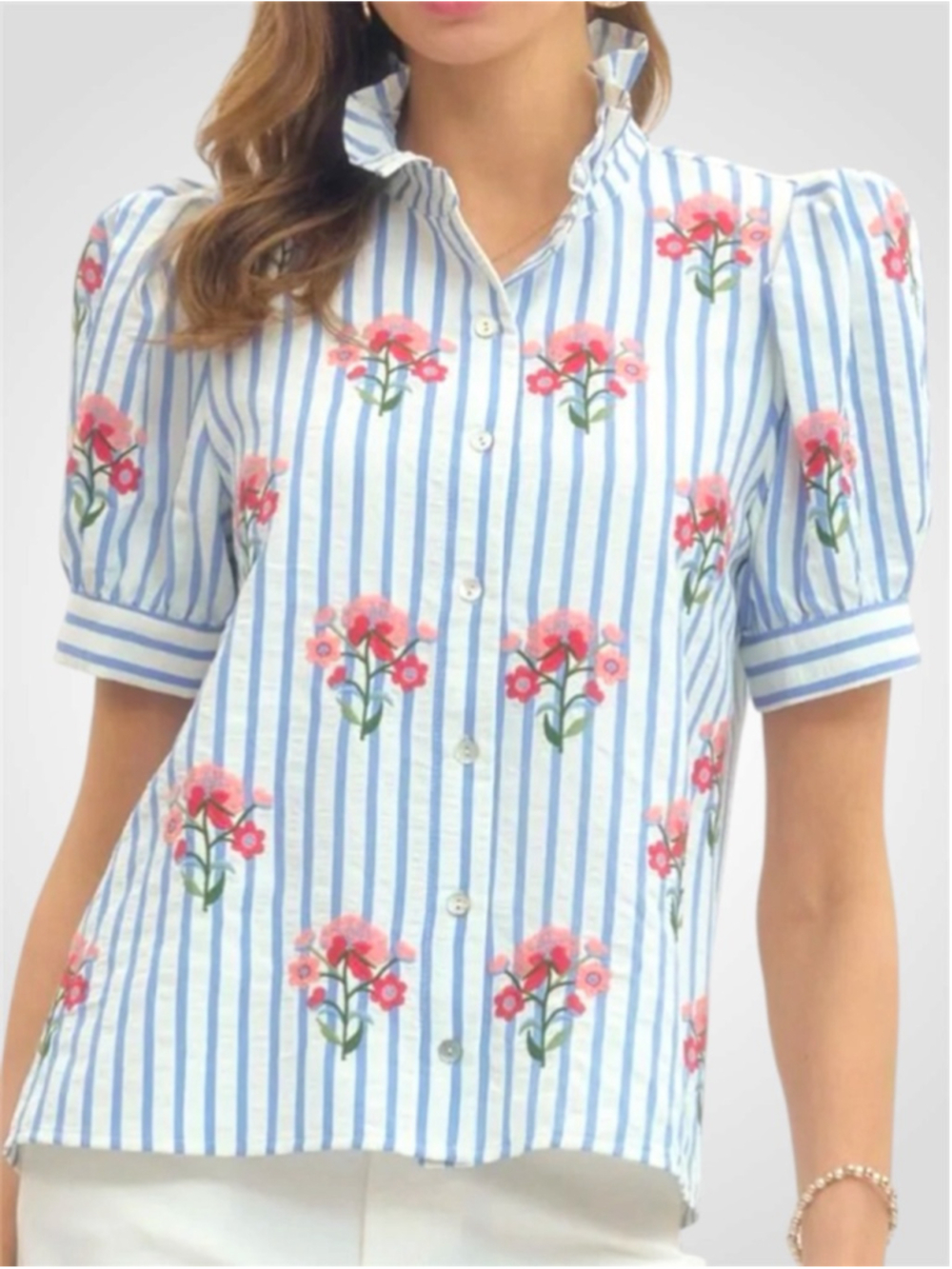 Entro Embroidered Stripe Puff Sleeve Blouse in Blue Size XL
